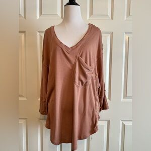 Vici Dusty Rose Rust Long Sleeve Oversized V-Neck Top